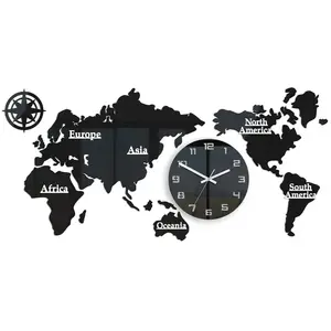 ModernClock Nástěnné samolepící hodiny Mapa světa 110x55 cm černé obraz
