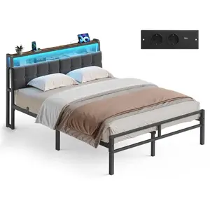 SONGMICS Rám dvoulůžkové postele s nabíjecí stanicí a LED osvětlením Vasagle Domi 140x190 černý/šedý obraz