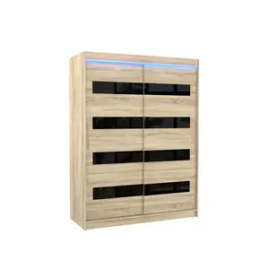 ADRK Šatní skříň s posuvnými dveřmi a LED osvětlením Martiz 150 cm černá/dub Sonoma obraz