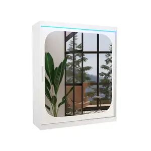 ADRK Šatní skříň s posuvnými dveřmi, zrcadlem a LED osvětlením Claver 180 cm bílá obraz