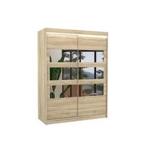 ADRK Šatní skříň s posuvnými dveřmi, zrcadlem a LED osvětlením Florenta 150 cm dub Sonoma obraz