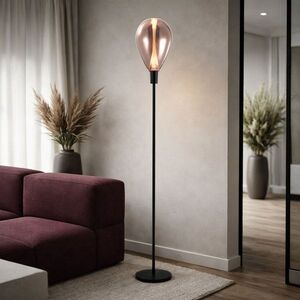 Lampa podłogowa Denso szklany klosz miedziany czarna metalowa do salonu obraz