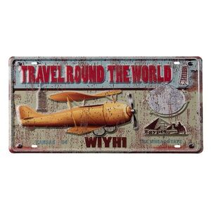 Nástěnná kovová cedule s letadlem Travel Round - 22*42 cm 6Y4380 obraz