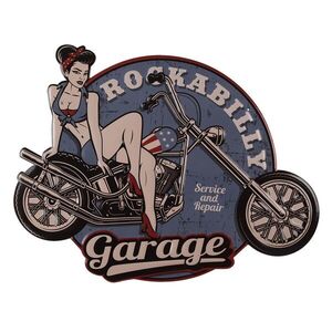 Nástěnná kovová cedule Garage se slečnou v pin-up stylu - 46*60 cm 6Y4396 obraz