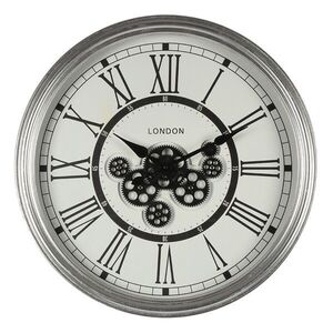 Stříbrné antik nástěnné hodiny s ozubenými kolečky London - Ø 60*10 cm 5KL0203 obraz