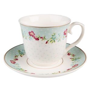 Zelený porcelánový šálek s podšálkem s květy - Ø 15*8 / 250 ml 6CEKS0128 obraz