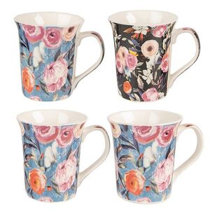 Sada 4ks modrý a černý porcelánový hrnek s květy - 12* 8*10 cm / 300 ml 6CEMS0048 obraz