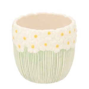 Bílo-zelený obal na květináč s reliéfem květů Jane Flower - Ø 10*9 cm 580094 obraz