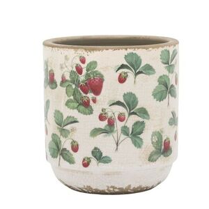 Krémový antik keramický obal na květináč s jahůdkami Fraises - Ø 13*13 cm 65104319 obraz