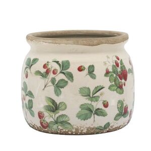 Krémový antik keramický obal na květináč s jahůdkami Fraises - Ø 15*13 cm 65104519 obraz