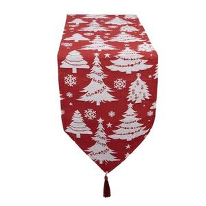 Bílo-červený látkový běhoun s vánočními stromky a střapci - 33*180 cm KT065.166 obraz