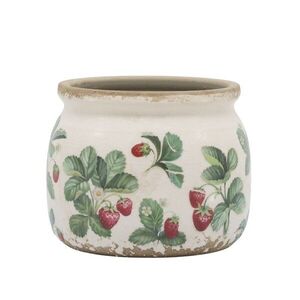 Krémový antik keramický obal na květináč s jahůdkami Fraises - Ø 12*9 cm 65104419 obraz