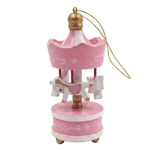 Set 6ks růžová vánoční dřevěná ozdoba kolotoč s koníky - 6*1*18 cm 6H2511 obraz