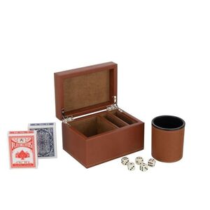 Hnědý box z umělé kůže s kartami a kostkami Cognacco - 17*12*10 cm 37089 obraz
