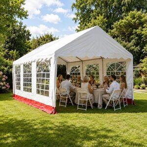 Zahradní párty stan 6×4 m, bílý a červený pruh, PVC 400 g/m² obraz