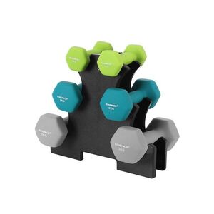 Neoprenové činky sada 6 ks (2×1 kg, 2×2 kg, 2×3 kg) se stojanem limetková, tyrkysová, světle šedá obraz