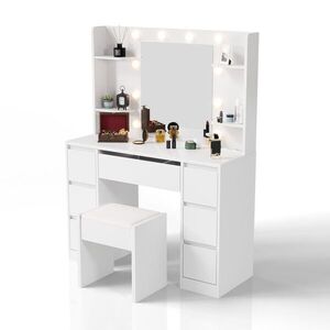Kosmetický stolek s LED zrcadlem a taburetem, bílý obraz