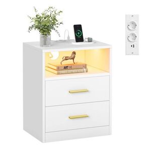 Moderní noční stolek s LED, USB-C, 2 zásuvky, bílý, 40x30 cm obraz