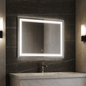 Designové zrcadlo s LED, 70x90 cm, 3 barvy světla, hliník obraz
