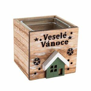 Dřevěný svícen se sklem Veselé Vánoce, 9 x 8, 5 cm, přírodní obraz