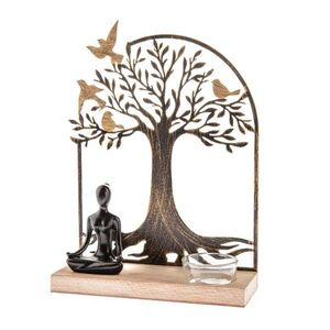 Kovový svícen na čajovou svíčku s dřevěným podstavcem Buddha, 17 x 23, 5 x 6 cm obraz