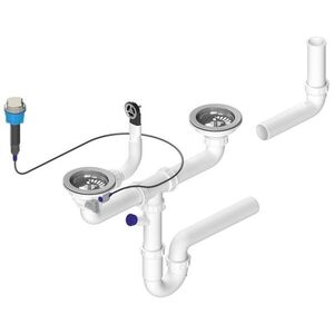 Bruckner Dřezový sifon s přepadem, ovládáním a odbočkou, 6/4", pro dvojdřez, včetně pilety, DN40, bílá 155.129.0 obraz