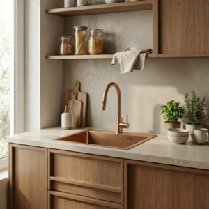 REA/S Ocelový dřez Leo 50 BRUSH COPPER s kuchyňskou baterií KPL-06015 obraz