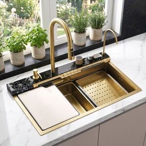 REA Multifunkční ocelový dřez 10 v 1 Alonzo Brush Gold ZLE-06419 obraz