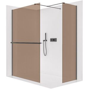CERANO Sprchová zástěna Walk-in Onyx T L/P 8 mm hranatá vzpěra + polička/držák na ručníky černá matná, bronzové sklo 150x120x200 CER-689596 obraz