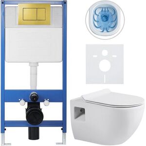 CERANO Kompletní WC set Profi/Dure bílá lesklá WC tlačítko Classic/Zlatá předstěnová instalace 51x35 CER-671477 obraz
