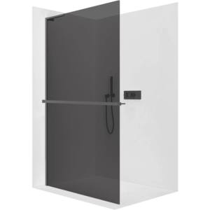 CERANO Sprchová zástěna Walk-in Onyx L-levá vzpěra 10 mm + polička/držák na ručníky černá matná, grafitové sklo 110x200 CER-8050BD73594 obraz