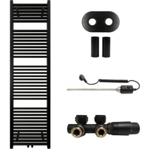 CERANO Koupelnový radiátorový set Lincoln kombinované vytápění, termo tyč středové připojení 50 mm 300W černá matná 1800x500 mm CER-663385 obraz