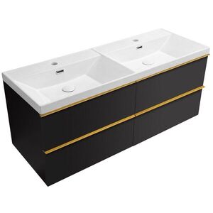 CERANO Koupelnová skříňka Velora černá matná, úchytka zlatá + keramické dvojumyvadlo Viano bílá lesklá 121, 5x58x46, 5 CER-545081 obraz