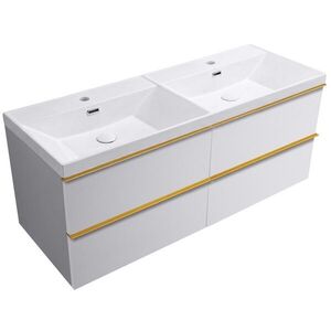 CERANO Koupelnová skříňka Velora bílá matná, úchytka zlatá + keramické dvojumyvadlo Viano bílá lesklá 121, 5x58x46, 5 CER-447415 obraz