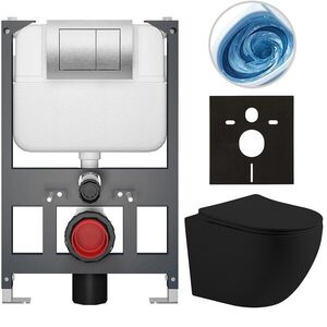 CERANO Kompletní WC set Basic/Cesso černá matná WC tlačítko Maxio/Stříbrná závěsné nízký modul předstěnová instalace 49x36 CER-8050BD86224 obraz