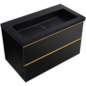 CERANO Koupelnová skříňka Velora černá matná, úchytka zlatá + umyvadlo z lit. mramoru Ovo černá matná 80, 5x58x46, 5 CER-979967 obraz