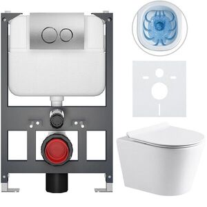 CERANO Kompletní WC set Basic/Carlito bílá lesklá WC tlačítko Dualo/Stříbrná závěsné nízký modul předstěnová instalace 48, 5x36, 5 CER-8050BD86029 obraz