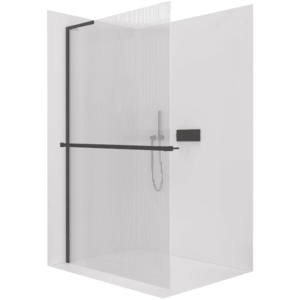 CERANO Sprchová zástěna Walk-in Onyx L-levá vzpěra 8 mm + polička/držák na ručníky černá matná, rýhované sklo 90x200 CER-8050BD839 obraz