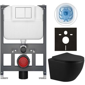 CERANO Kompletní WC set Basic/Cesso černá matná WC tlačítko Maxio/Bílá závěsné nízký modul předstěnová instalace 49x36 CER-8050BD86349 obraz