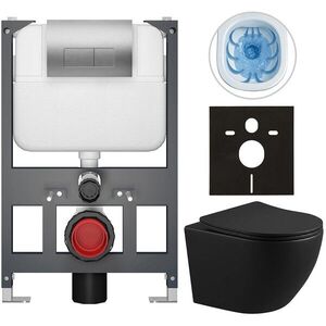 CERANO Kompletní WC set Basic/Cesso černá matná WC tlačítko Modulo/Stříbrná závěsné nízký modul předstěnová instalace 49x36 CER-8050BD86374 obraz