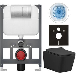 CERANO Kompletní WC set Basic/Forte černá matná WC tlačítko Maxio/Stříbrná závěsné nízký modul předstěnová instalace 51x36 CER-8050BD86404 obraz