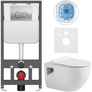 CERANO Kompletní WC set Basic/Dure bílá lesklá WC tlačítko Dualo/Stříbrná závěsné předstěnová instalace 51x35 CER-8050BD85895 obraz