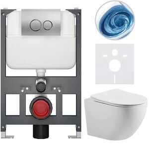 CERANO Kompletní WC set Basic/Cesso bílá matná WC tlačítko Dualo/Stříbrná závěsné nízký modul předstěnová instalace 49x36 CER-8050BD86164 obraz