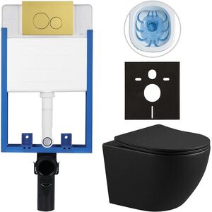 CERANO Kompletní WC set Profi/Cesso černá matná WC tlačítko Duo/Zlatá pro zazdění 49x36 CER-8050BD84236 obraz