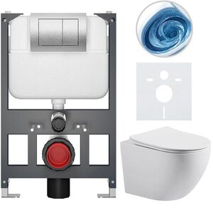 CERANO Kompletní WC set Basic/Cesso bílá matná WC tlačítko Maxio/Stříbrná závěsné nízký modul předstěnová instalace 49x36 CER-8050BD86179 obraz