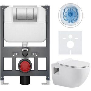 CERANO Kompletní WC set Basic/Dure bílá lesklá WC tlačítko Maxio/Stříbrná závěsné nízký modul předstěnová instalace 51x35 CER-8050BD85923 obraz