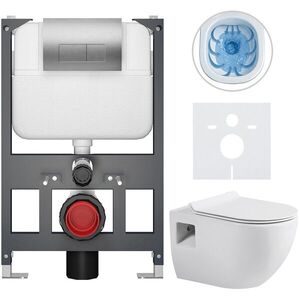 CERANO Kompletní WC set Basic/Dure bílá lesklá WC tlačítko Modulo/Stříbrná závěsné nízký modul předstěnová instalace 51x35 CER-8050BD85924 obraz