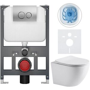CERANO Kompletní WC set Basic/Cesso bílá lesklá WC tlačítko Dualo/Stříbrná závěsné nízký modul předstěnová instalace 49x36 CER-8050BD85939 obraz