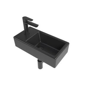SAT Koupelnový set levého závěsného umývátka Brevis 40, 5 cm, pákové baterie, sifonu, průtočné zátky a roháčků v černé barvě KSETBRE2LBKM KSETBRE2LBKM obraz