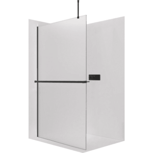CERANO Sprchová zástěna Walk-in Onyx Top Round L/P 8 mm kulatá vzpěra + polička/držák na ručníky černá matná, mléčné sklo 110x200 CER-8050BD1606 obraz